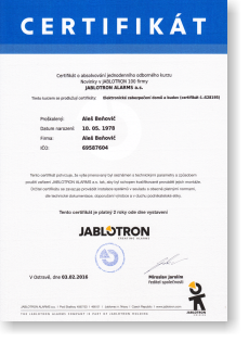 Certifikát JABLOTRON